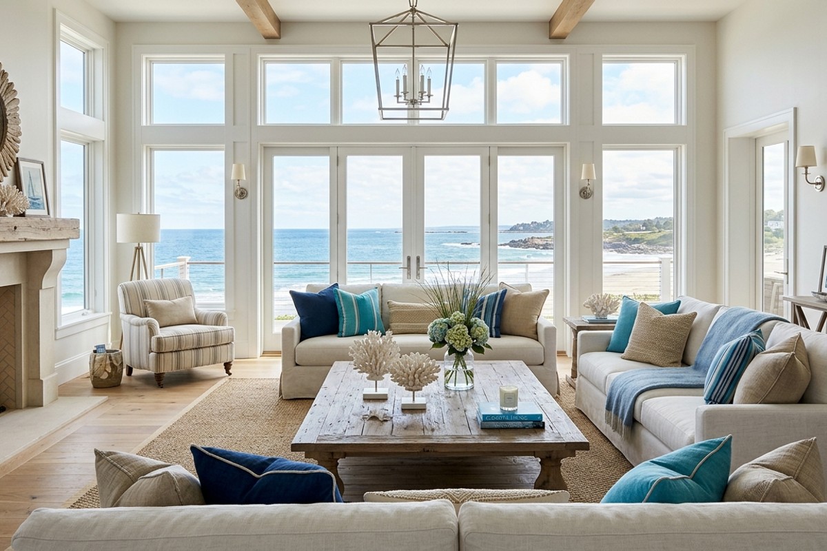 Coastal grandeur living room with ocean blue pillows, reclaimed wood coffee table, brushed nickel lighting, and coral sculptures.