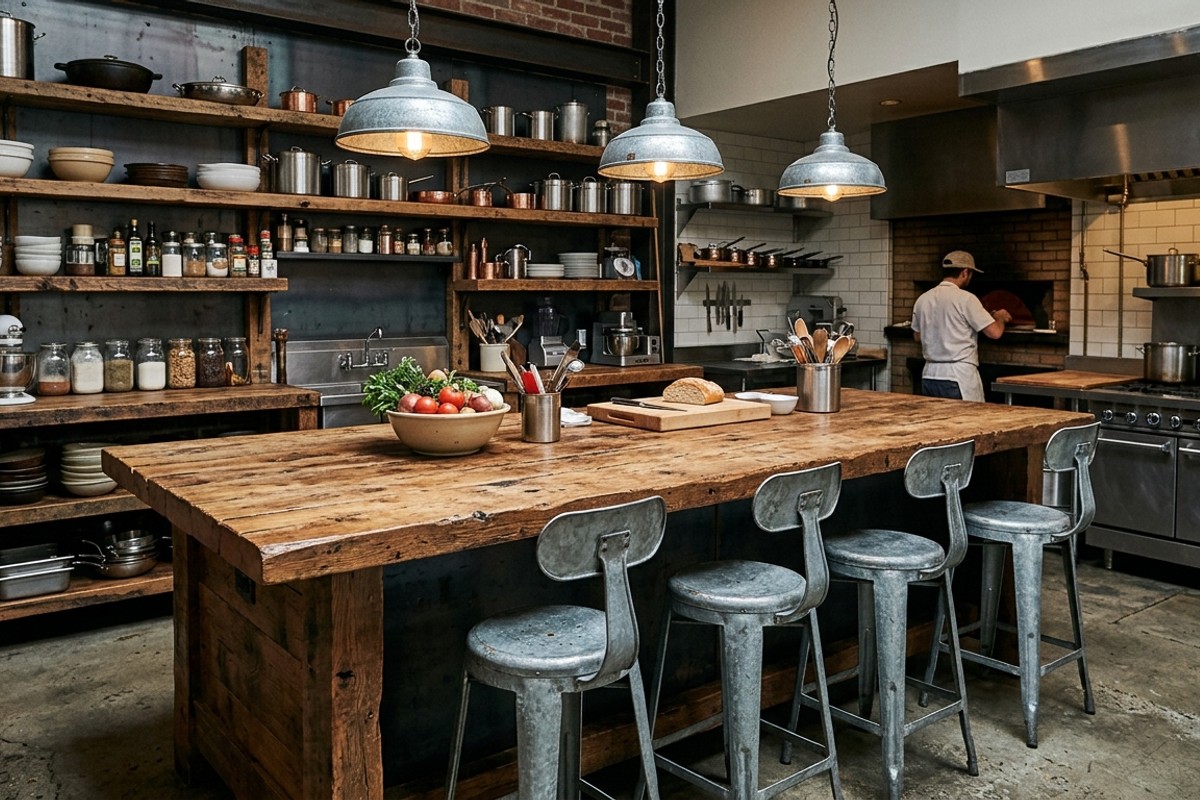 Industrial kitchen with reclaimed wood island, galvanized steel bar stools and lighting.