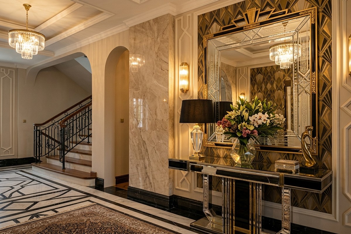 Art Deco entryway with large etched mirror and mirrored console table.