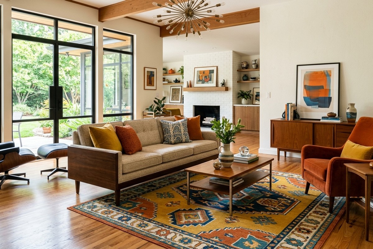 Mid-century modern living room with vibrant mustard yellow and burnt orange throw pillows on a neutral sofa.