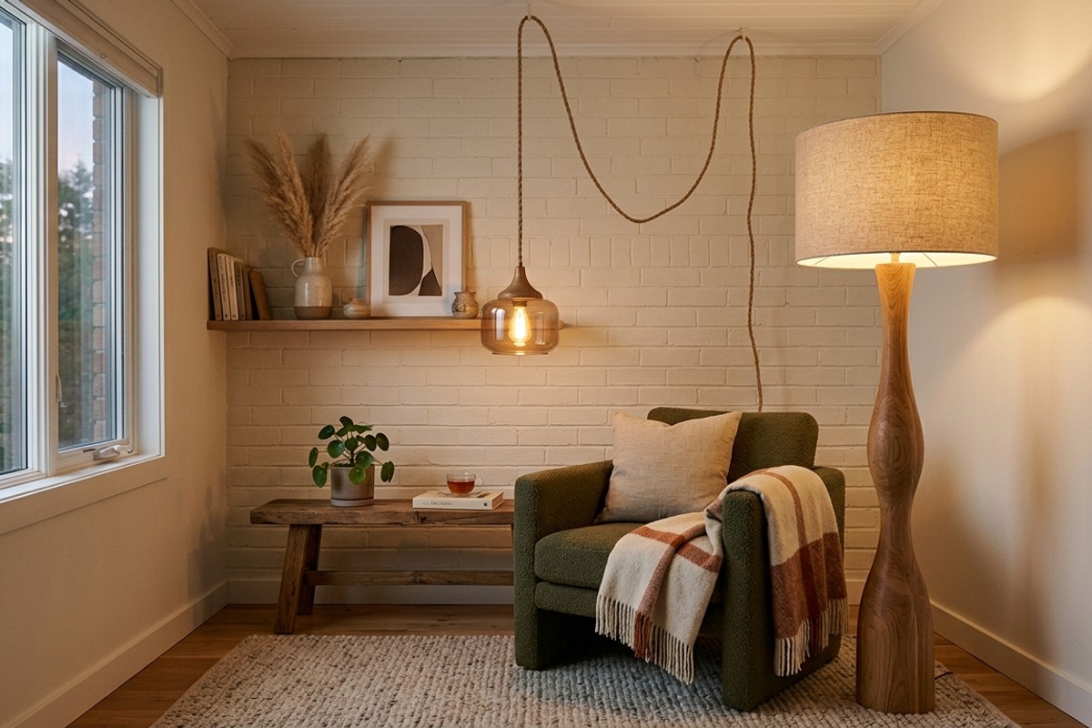 Modern living room with a sculptural floor lamp and a decorative plug-in pendant light hanging from the ceiling