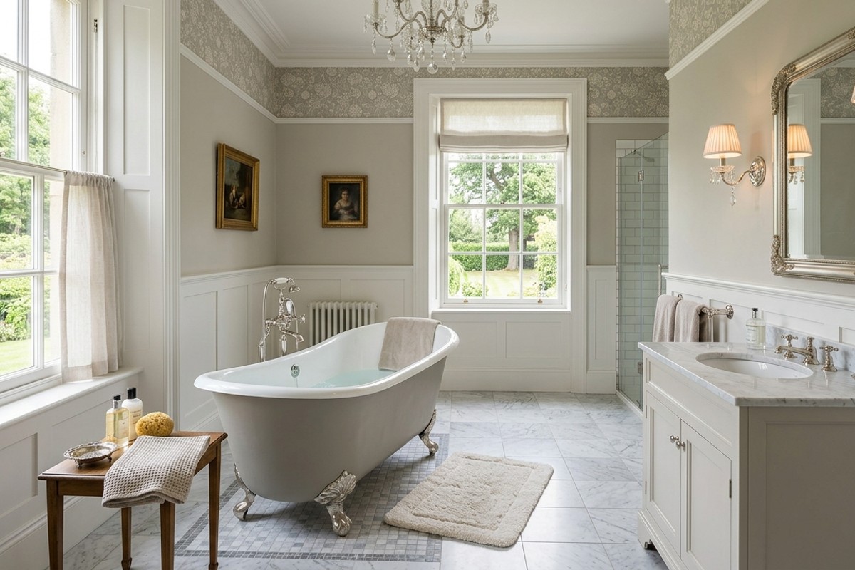 Classic elegant bathroom with a freestanding slipper tub, white wainscoting, and polished nickel fixtures