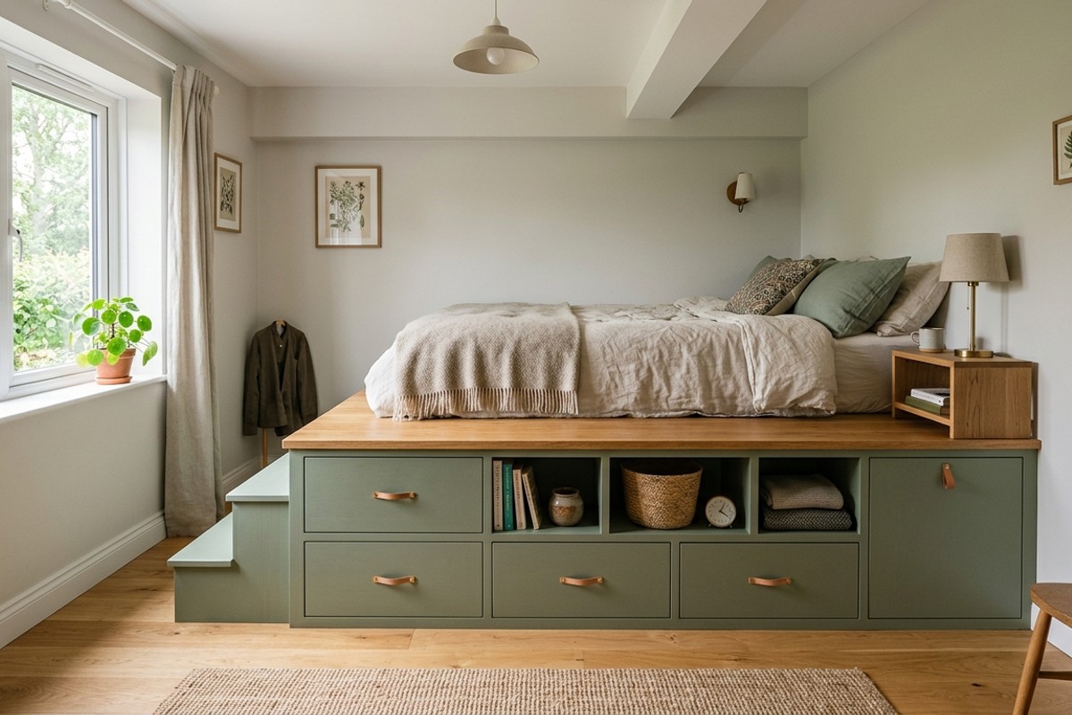 Platform bed with integrated storage drawers in solid oak, sage green.
