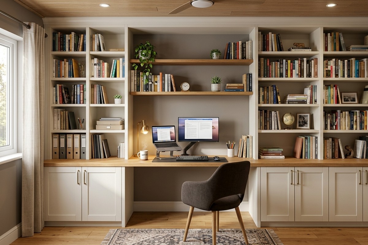 Built-in home office with custom desk, floor-to-ceiling bookshelves, and lower closed cabinets.