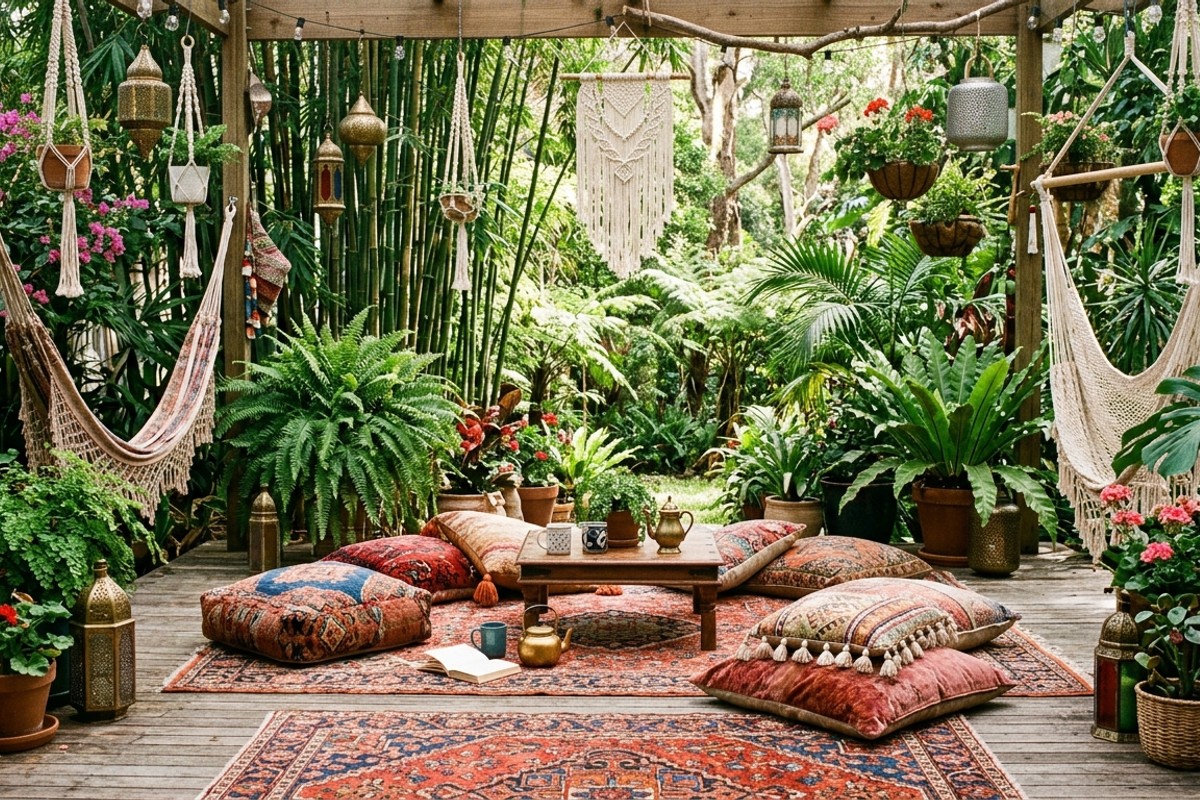Bohemian garden oasis with patterned rugs, floor cushions, macrame, lanterns, bamboo, and ferns.