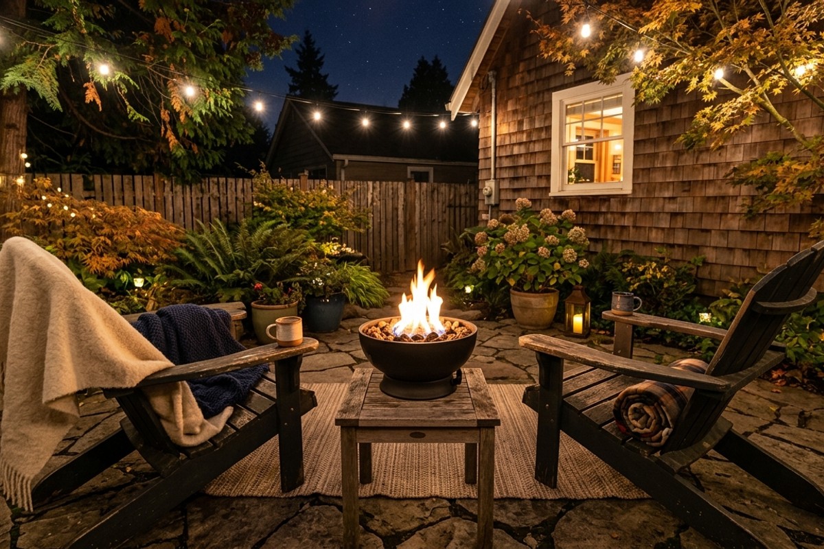 Small patio with a compact fire pit, tabletop or steel bowl, and two Adirondack chairs.