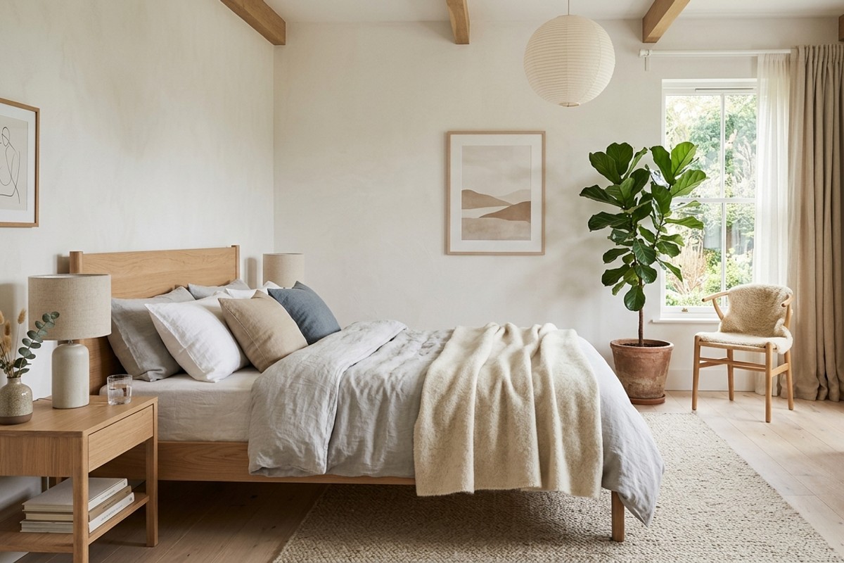 Scandinavian bedroom with potted plants, ceramic vases, and minimalist art for calm elegance.
