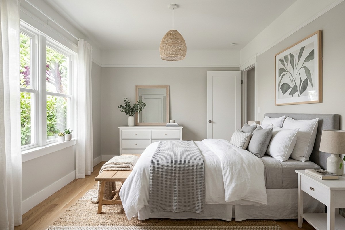 Small bedroom with light gray walls and a lighter ceiling, reflecting light to create an illusion of a larger, more open space.