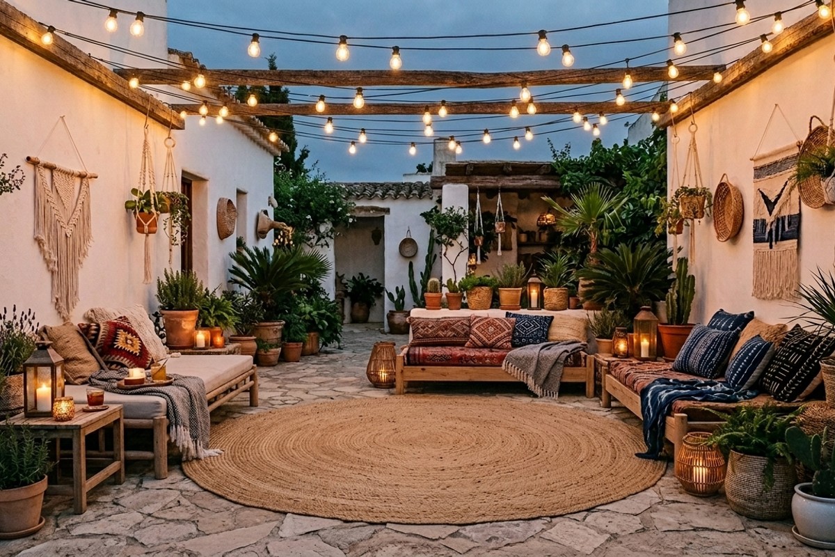 Bohemian chic patio with layered rugs, daybeds, macrame decor, string lights, and potted plants.