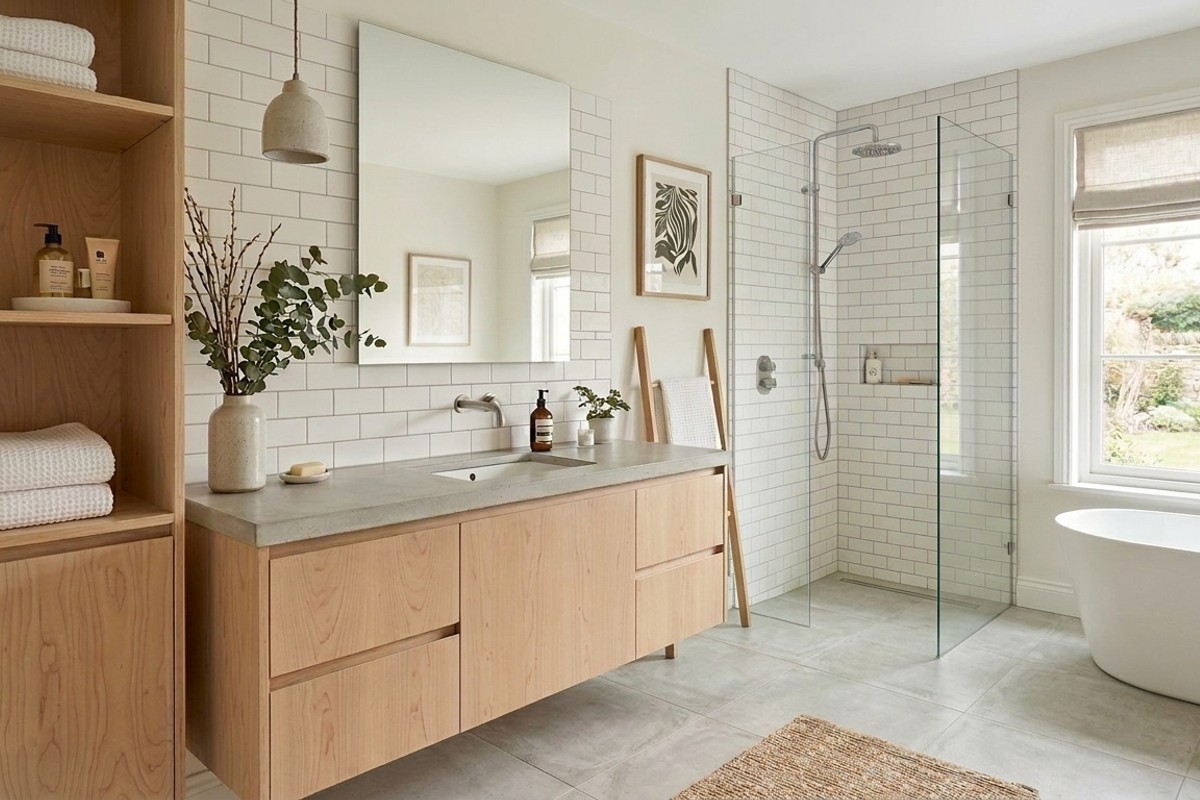 Nordic serene bathroom with birch wood cabinetry, white subway tiles, and a concrete countertop.