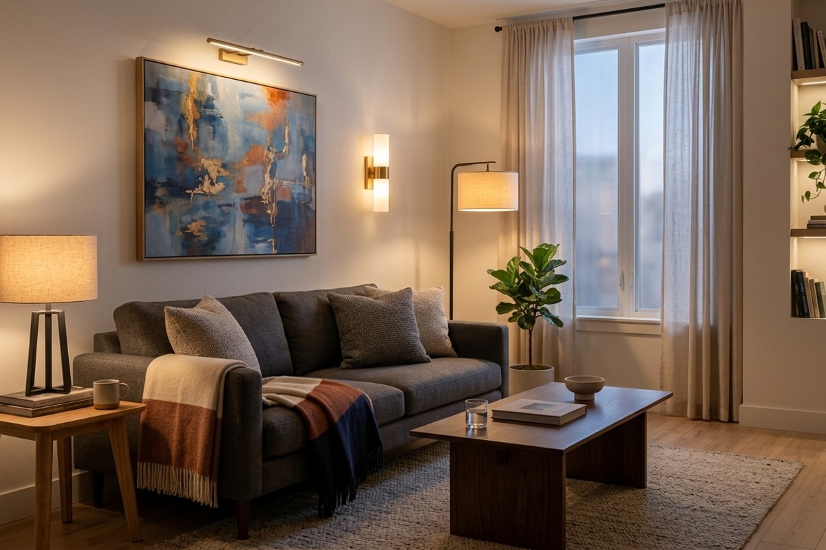 Small living room featuring layered lighting with wall sconces, a slim floor lamp, and a table lamp, creating depth.