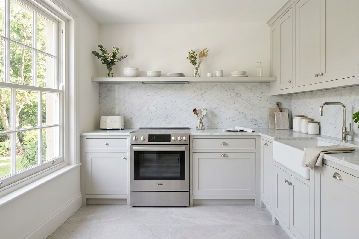 Small kitchen featuring a light and bright monochromatic color palette with pale gray cabinets and white Carrara marble countertops for an expansive feel.