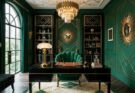 Art Deco glamorous home office with emerald green walls, brass accents, and black lacquer desk.