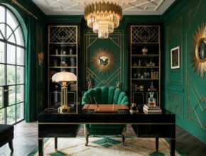 Art Deco glamorous home office with emerald green walls, brass accents, and black lacquer desk.