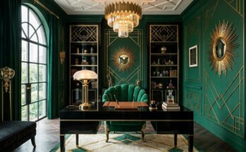 Art Deco glamorous home office with emerald green walls, brass accents, and black lacquer desk.