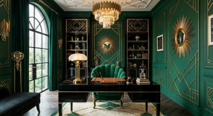 Art Deco glamorous home office with emerald green walls, brass accents, and black lacquer desk.