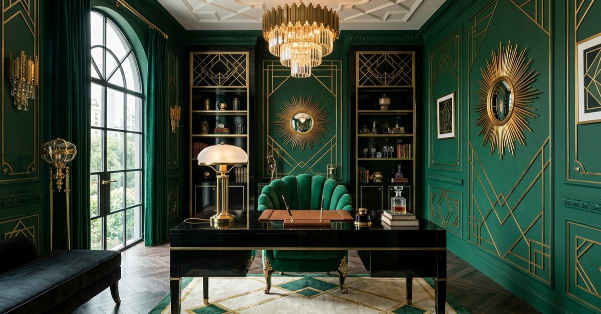 Art Deco glamorous home office with emerald green walls, brass accents, and black lacquer desk.