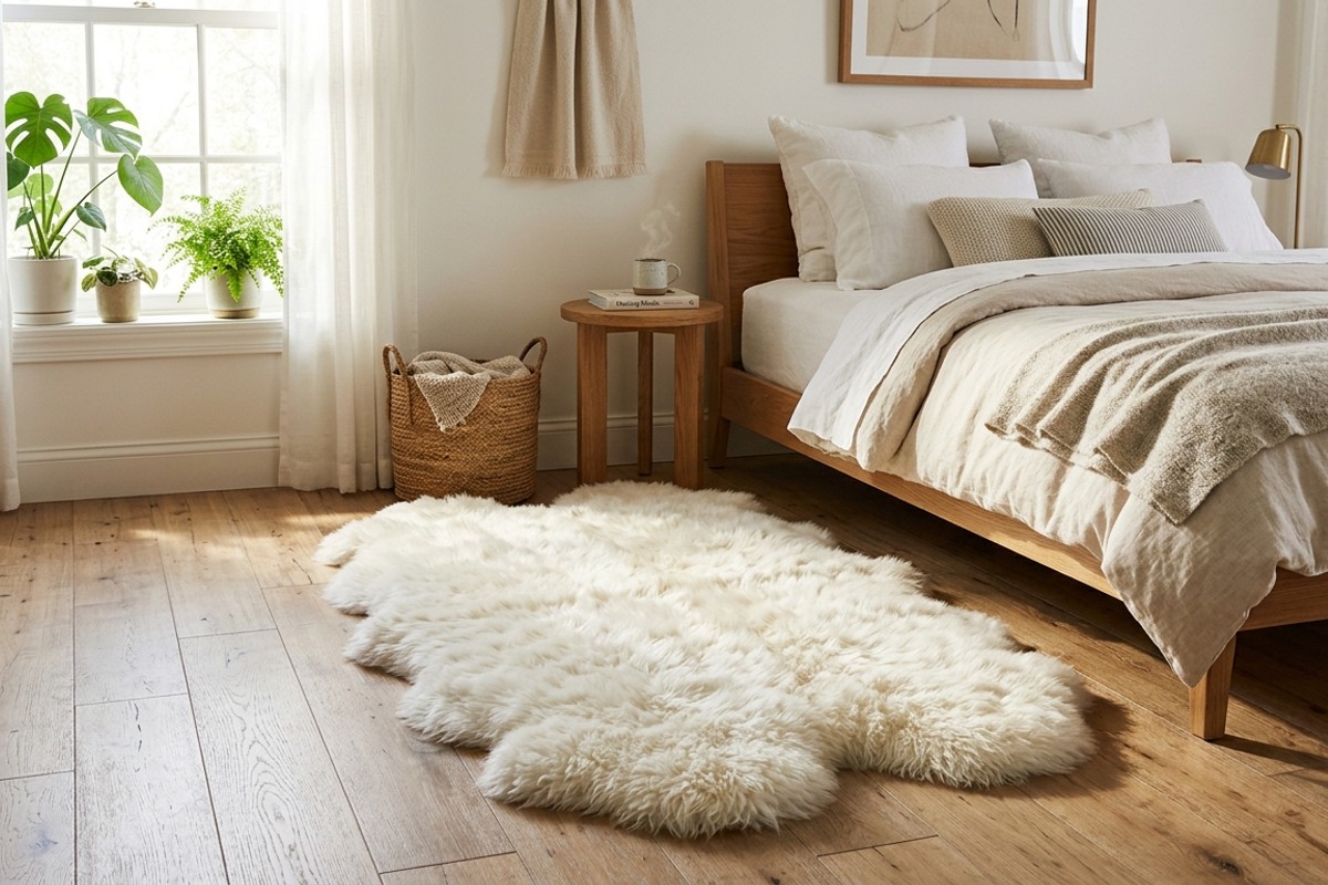Plush white sheepskin rug on the floor beside a bed.