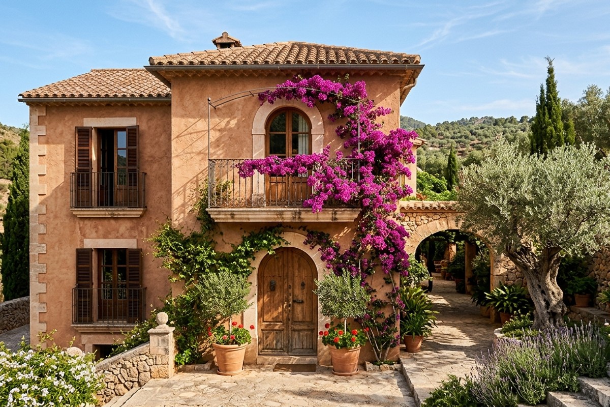 Mediterranean villa facade with terracotta stucco, red tile roof, arched windows, and bougainvillea.