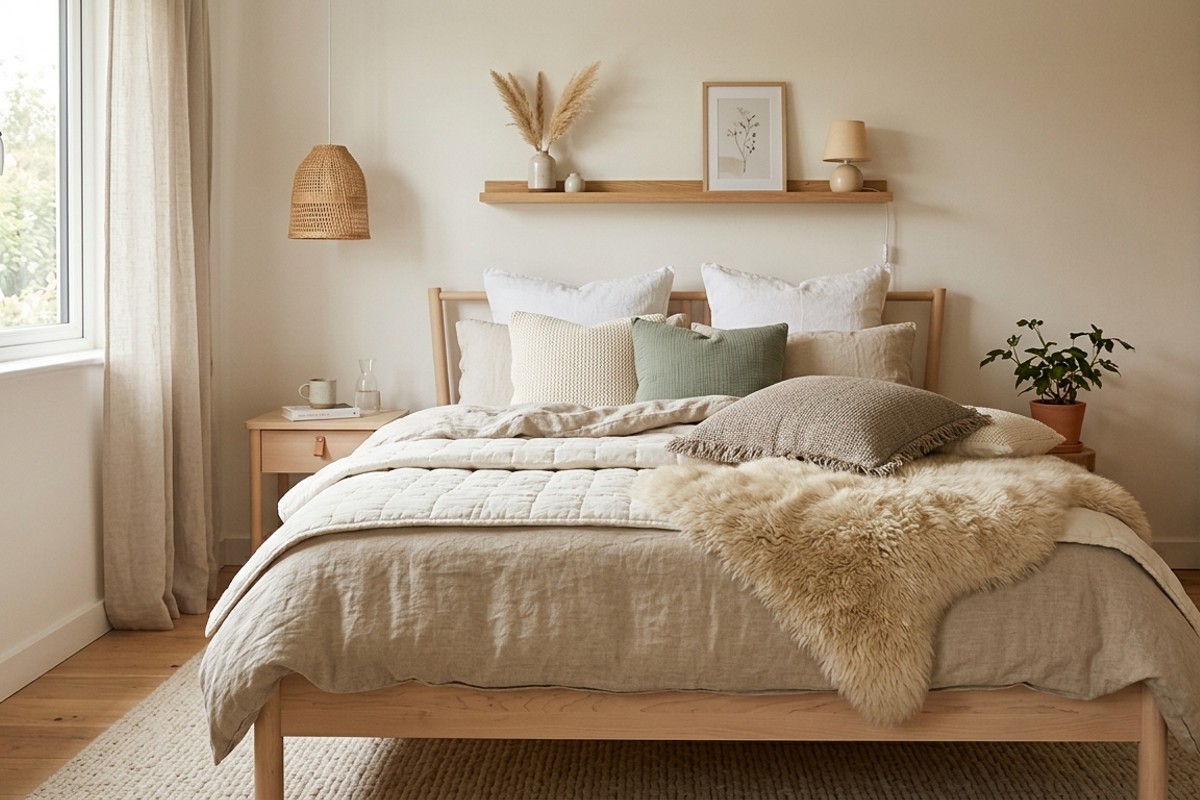 Soft Scandi bedroom with a birch bed frame, plush duvets, sheepskin throw, and textured cushions for a cozy atmosphere.
