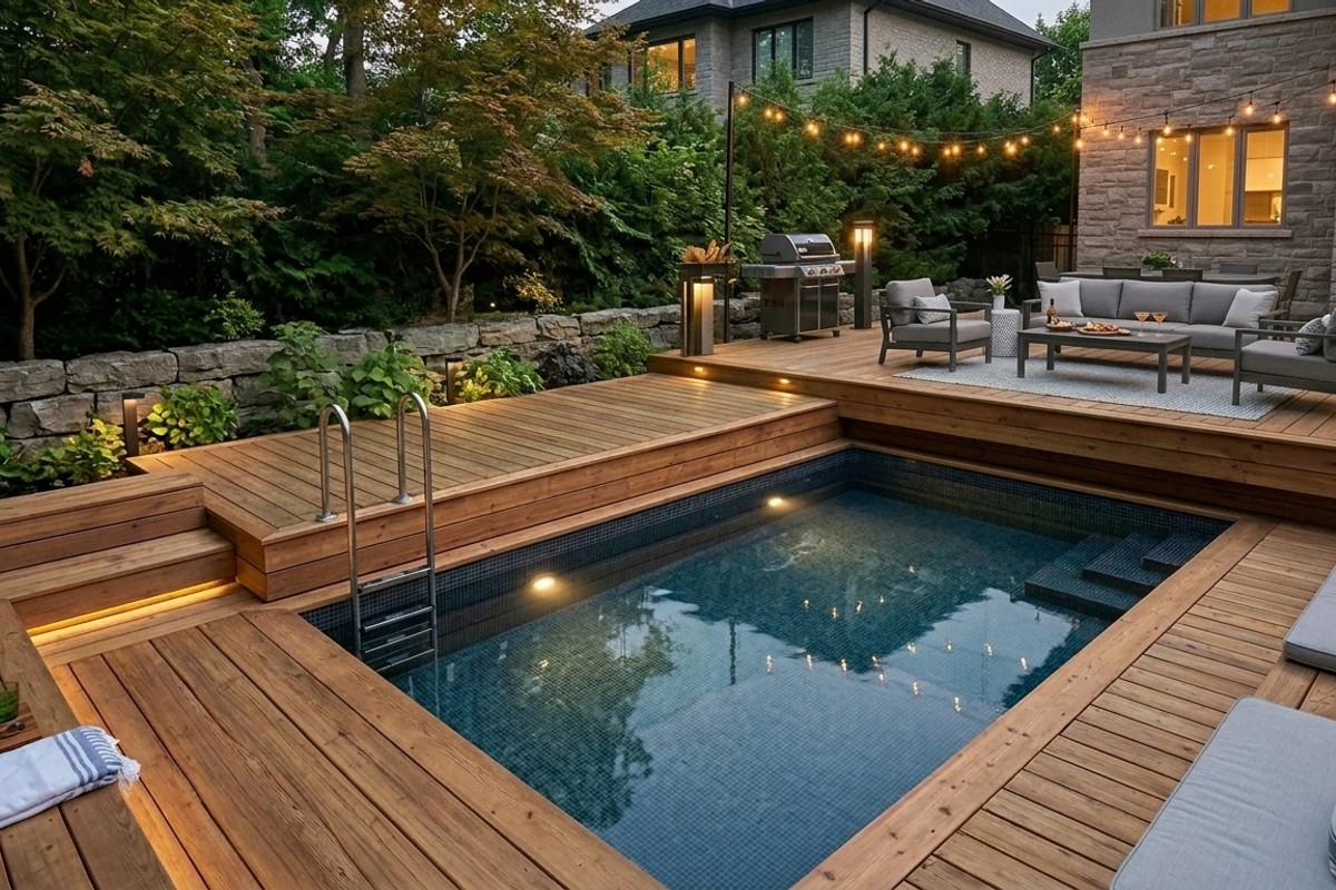 Multi-level deck with a dark-tiled pool, integrated with warm cedar decking for seamless outdoor living.