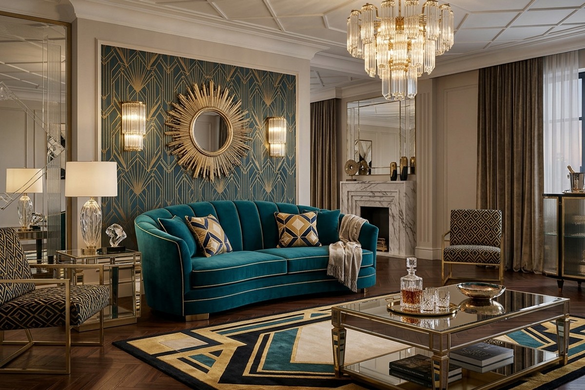 Art Deco living room with teal velvet curved sofa, geometric patterns, mirrored furniture, and fluted glass.