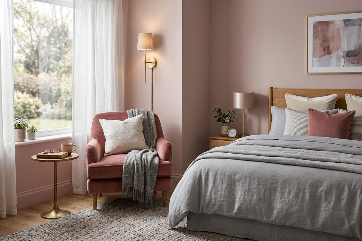 Dusky rose and ash bedroom with desaturated blush walls, cool ash grey, warm cream, plush velvet, brushed gold, and sheer curtains.