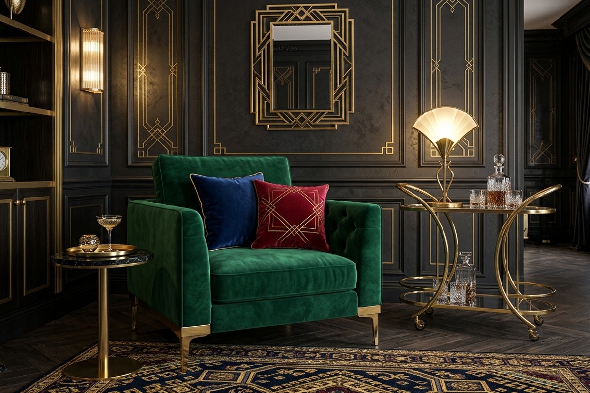 Art Deco living room with emerald green velvet armchair and jewel-toned accents.