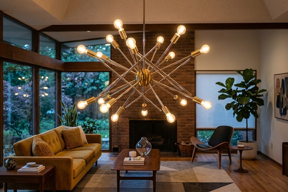 Mid-century modern Sputnik chandelier with polished brass and radiating spokes, acting as a focal point in a stylish living room.