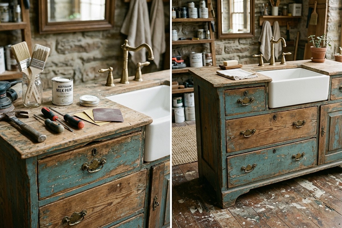 Chipped wooden dresser being repurposed into a bathroom vanity, showcasing restoration and upcycling.
