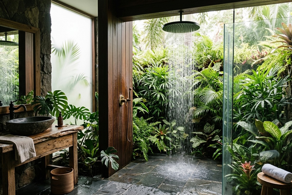 Tropical rainforest luxury shower with lush greenery, dark teak wood, and slate grey flooring