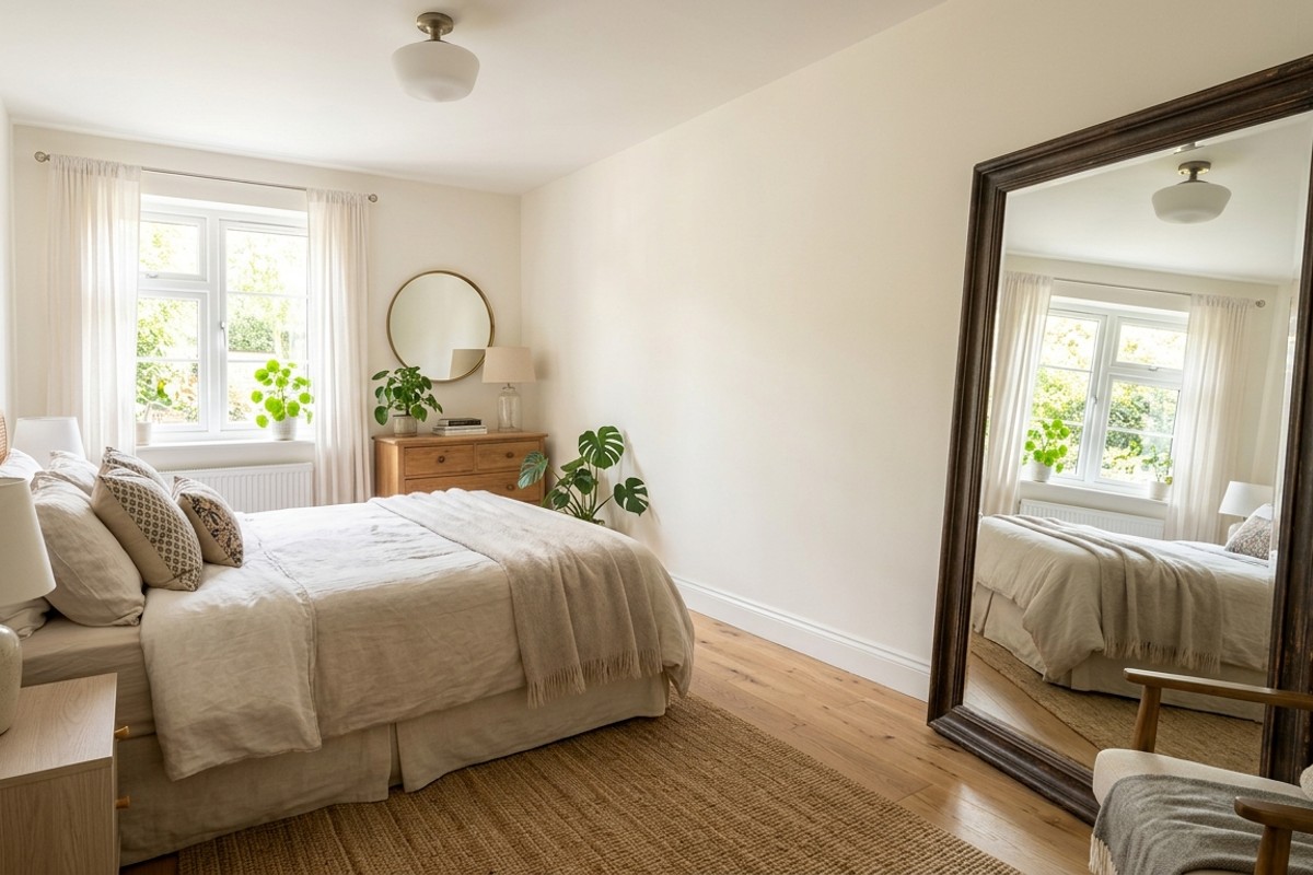 Small bedroom appearing larger with a full-length mirror leaning against a wall.