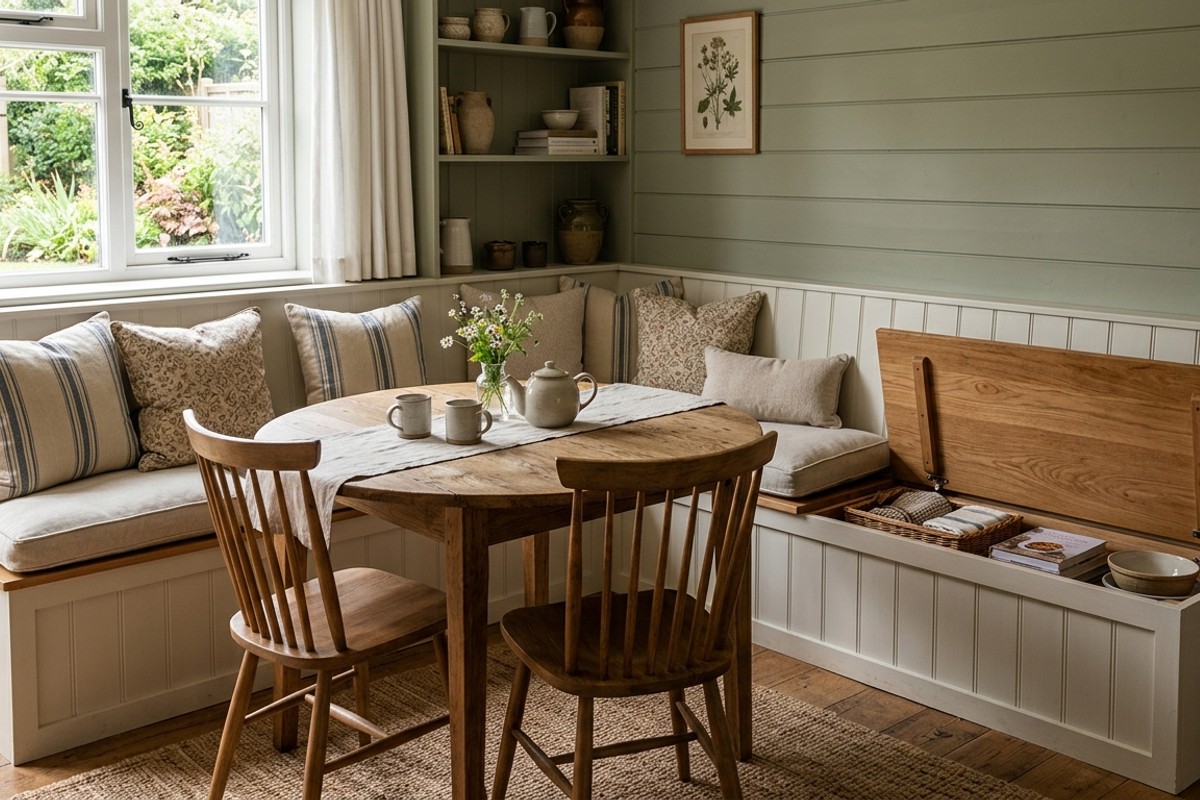 L-shaped kitchen banquette with plush cushions and hidden lift-up storage in a breakfast nook.