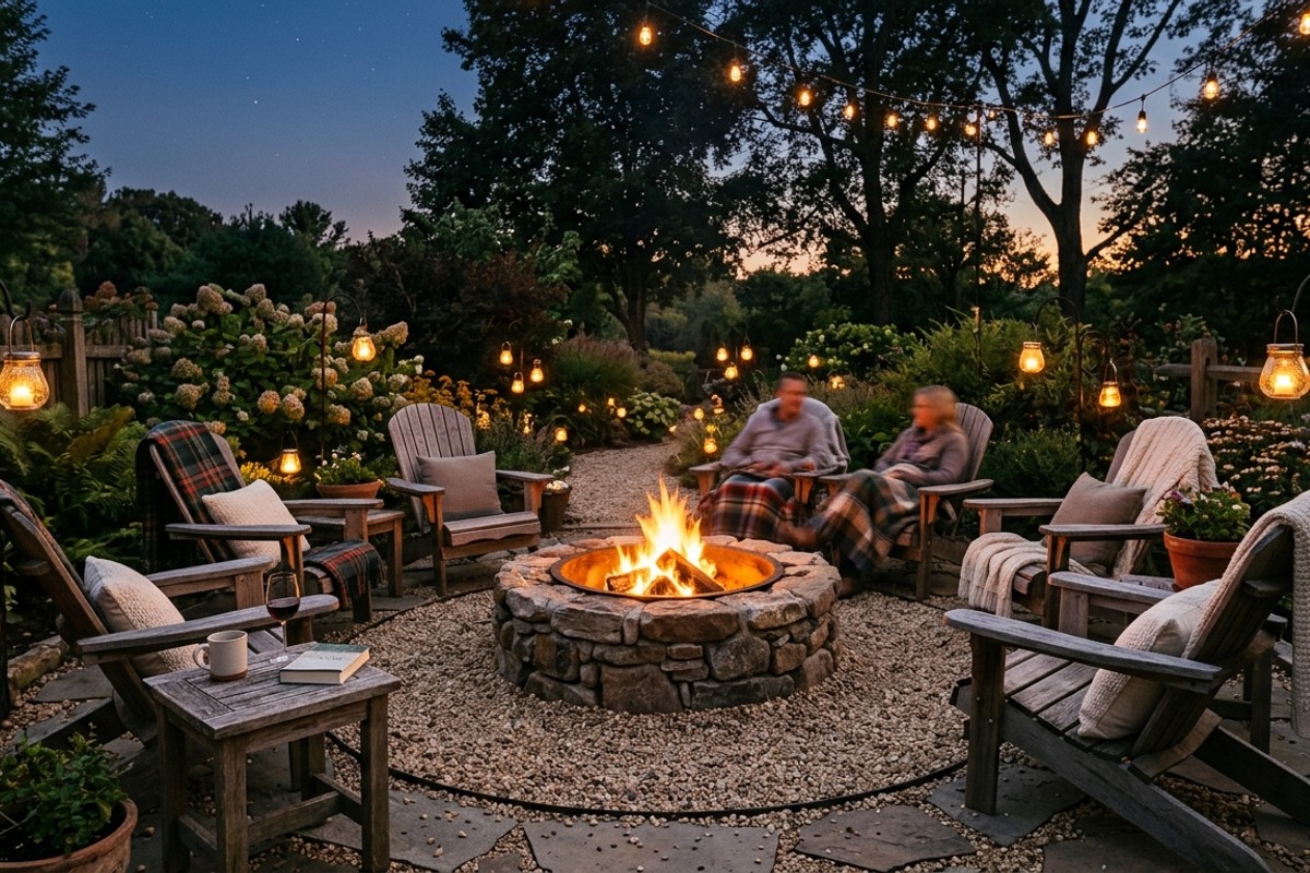 Cozy fire pit nook with Adirondack chairs, stone fire pit, gravel base, and soft blankets.