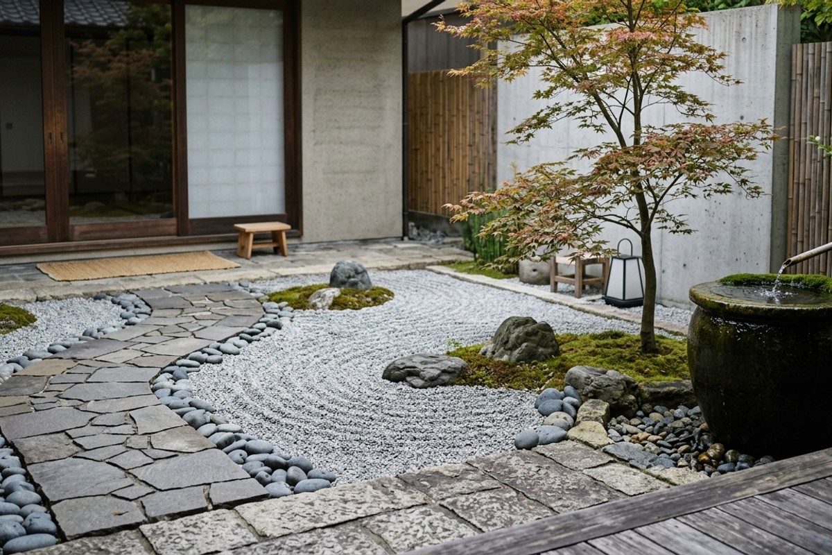 Zen rock garden on a small patio with river stones, pavers, a Japanese maple, and a bubbling water feature.