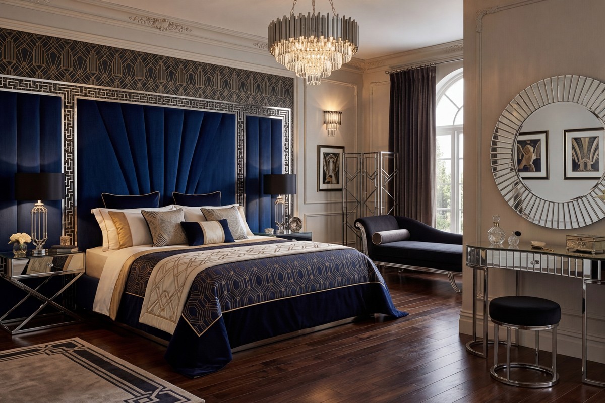 Art Deco bedroom with circular mirror, glass and chrome accent tables, and velvet headboard.