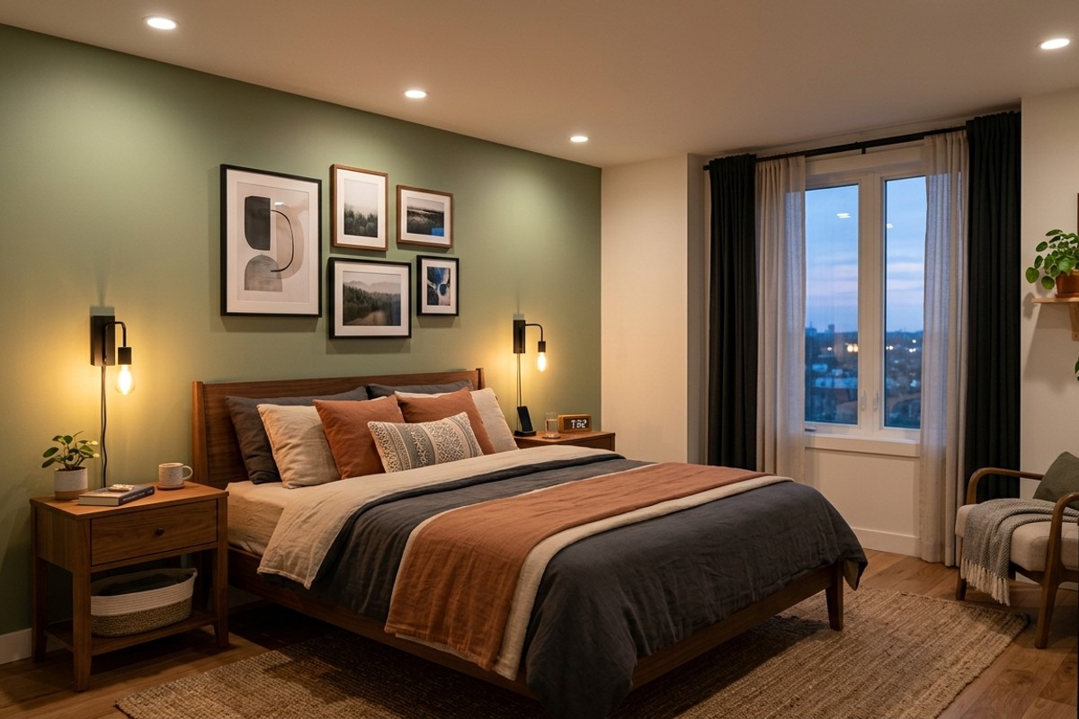 Small bedroom with wall-mounted sconces and recessed lighting, optimizing illumination and space efficiency.