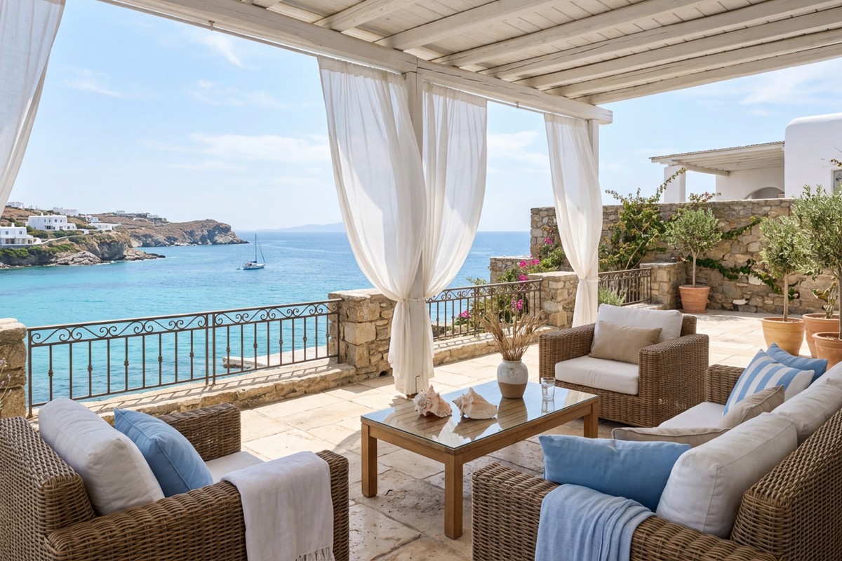 Coastal calm patio with travertine pavers, white and blue wicker furniture, conch shells, and sheer curtains.