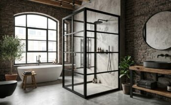 Industrial loft bathroom with exposed brick walls, black metal shower enclosure, and polished concrete floors.