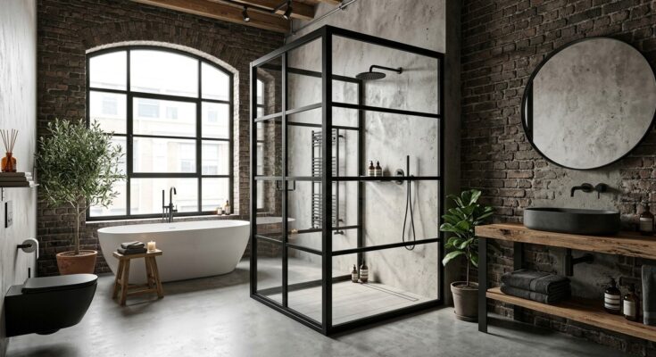 Industrial loft bathroom with exposed brick walls, black metal shower enclosure, and polished concrete floors.