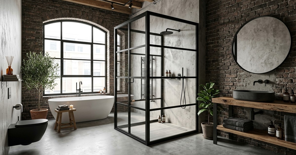 Industrial loft bathroom with exposed brick walls, black metal shower enclosure, and polished concrete floors.