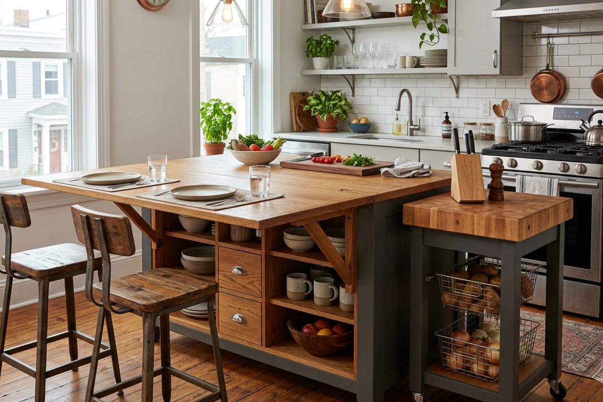 Multi-functional kitchen island with a drop-leaf extension and built-in storage, doubling as a dining table in a small kitchen.