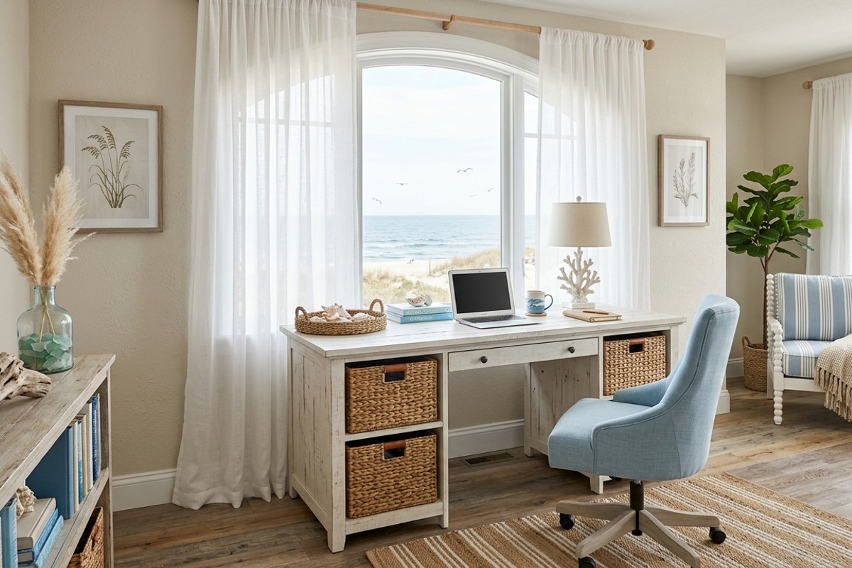 Coastal breeze home office with light blues, white desk, and wicker storage.