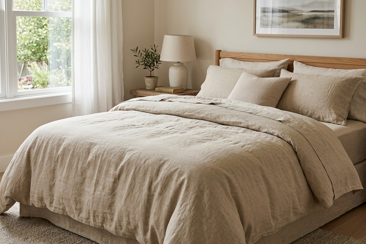 Bed with natural flax-toned, high-thread-count linen bedding.