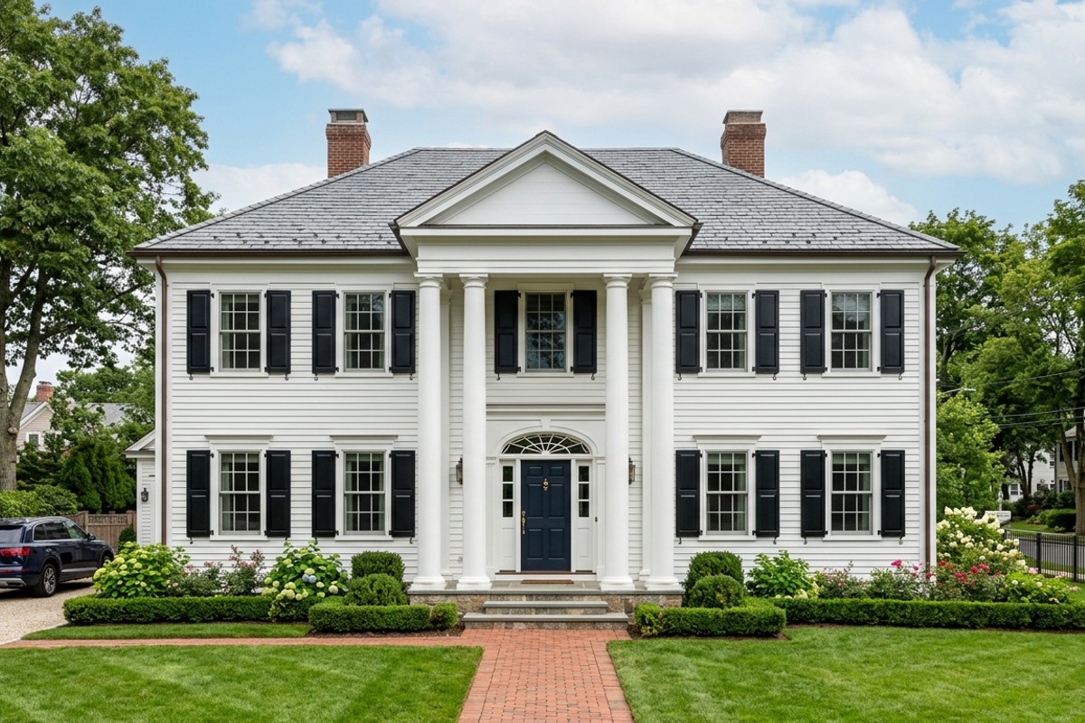 Colonial Revival facade with white clapboard siding, dark shutters, and a symmetrical grand entry portico.