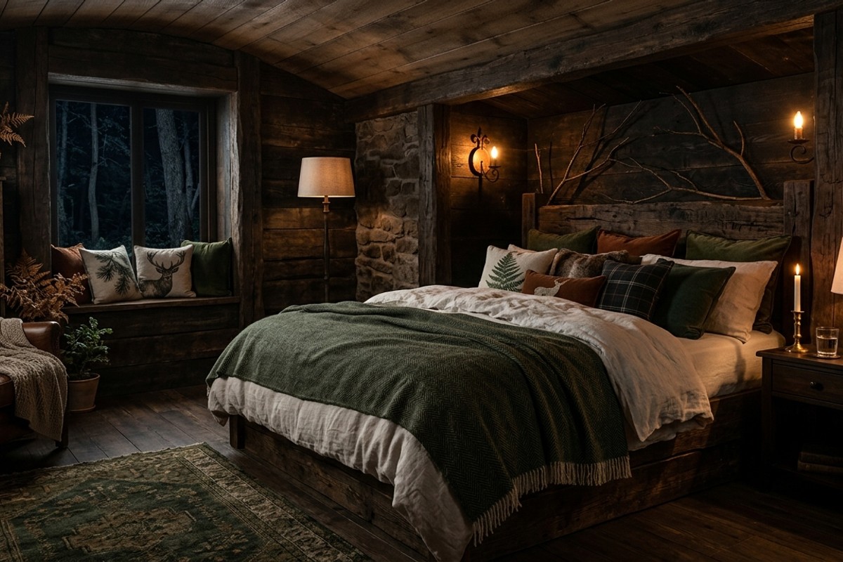 Deep forest bedroom with high-thread-count sheets, heavy wool blanket, woodland-inspired throw pillows, and dimmable ambient lighting.