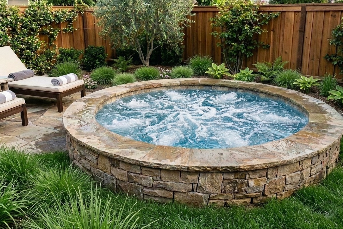 Circular 'spool' (spa + pool) hybrid, natural stone clad with bubbling jets for relaxation in a small backyard.