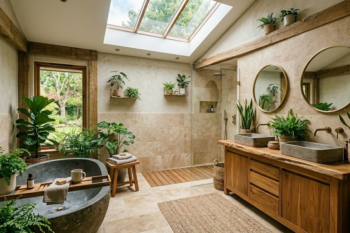 Biophilic bathroom oasis with abundant living plants, travertine tiles, teak wood accents, and a skylight.