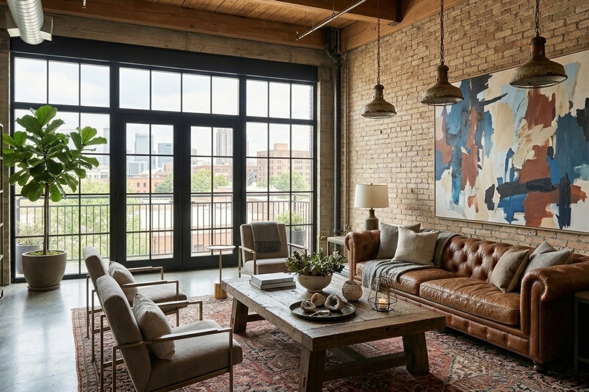 Industrial loft living room with cognac leather sofa, black steel windows, abstract art, and vintage lighting.