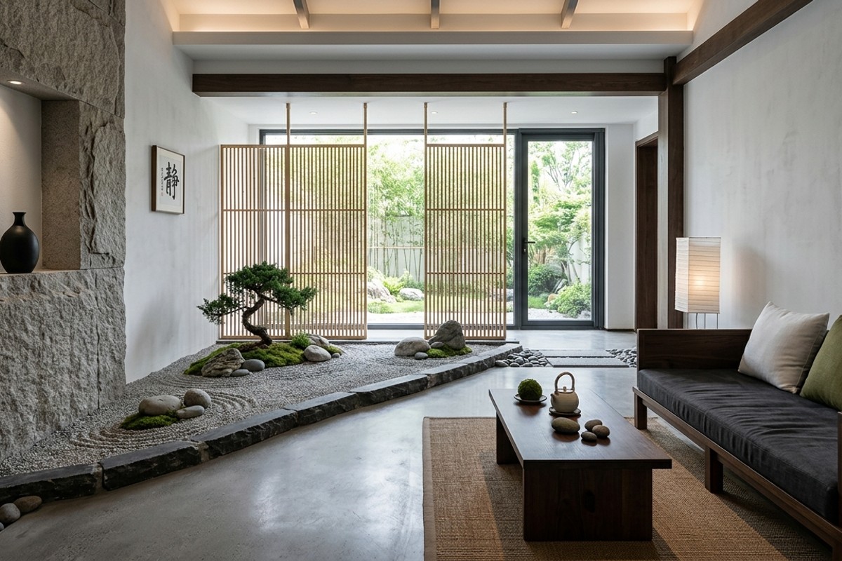 Zen stone garden interior with charcoal grey, cool white, natural green, unpolished stone, bamboo, concrete, and dark wood.